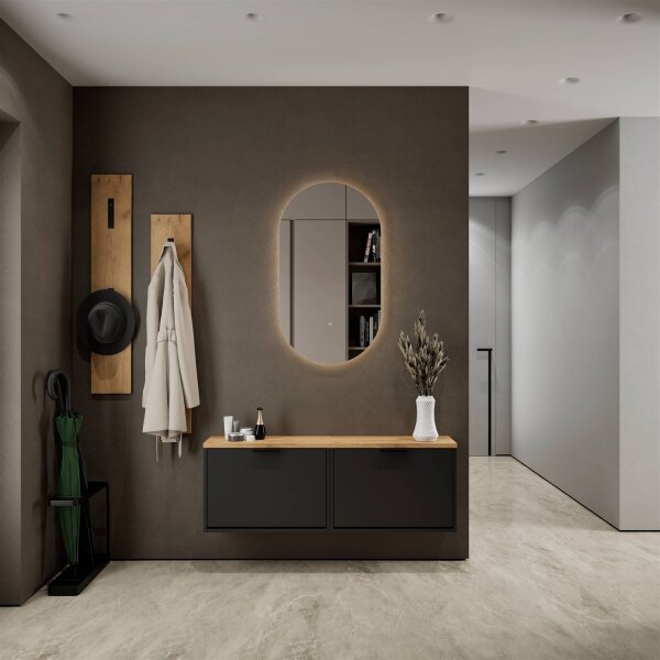 Schuhschrank STIVIO 2x 1 Klappe Schwarz 60 cm, LED Spiegel oval ohne Rahmen (2 Lichtstufen)