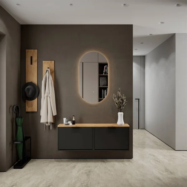 Armario para zapatos STIVIO, 2 puertas abatibles, negro, 60 cm; espejo LED ovalado sin marco (2 intensidades de luz)