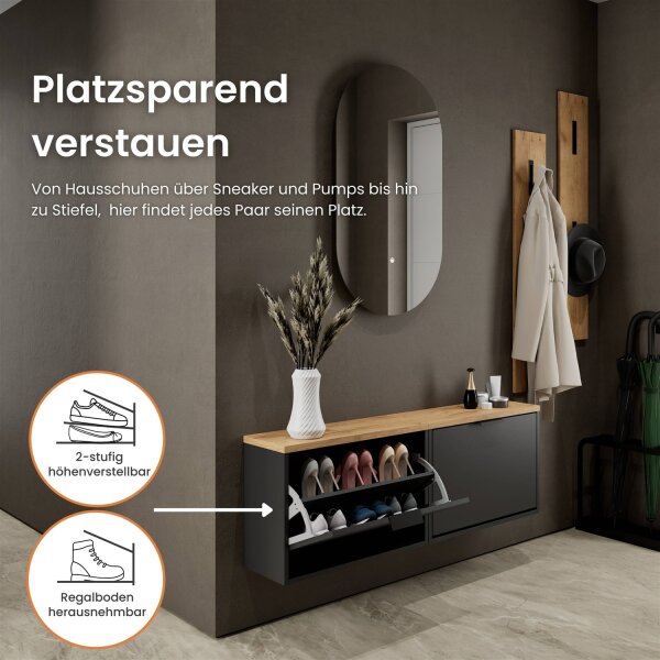 Schuhschrank STIVIO 2x 1 Klappe Schwarz 60 cm, LED Spiegel oval ohne Rahmen (2 Lichtstufen)