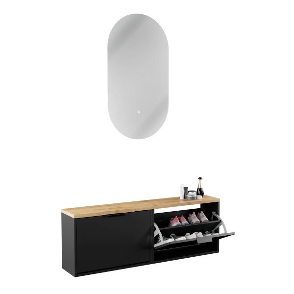 Schuhschrank STIVIO 2x 1 Klappe Schwarz 60 cm, LED Spiegel oval ohne Rahmen (2 Lichtstufen)