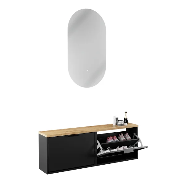 Armario para zapatos STIVIO, 2 puertas abatibles, negro, 60 cm; espejo LED ovalado sin marco (2 intensidades de luz)