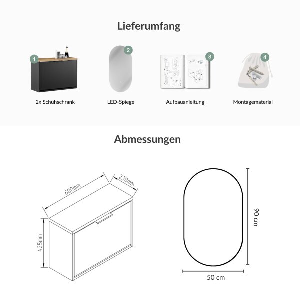 Schuhschrank STIVIO 2x 1 Klappe Schwarz 60 cm, LED Spiegel oval ohne Rahmen (2 Lichtstufen)