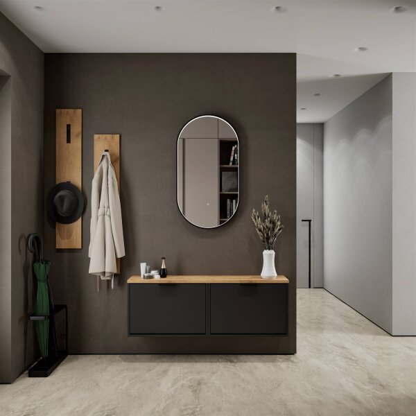 Schuhrank STIVIO 2x 1 Klappe Schwarz 60 cm, LED Spiegel oval mit Rahmen (3 Lichtstufen)