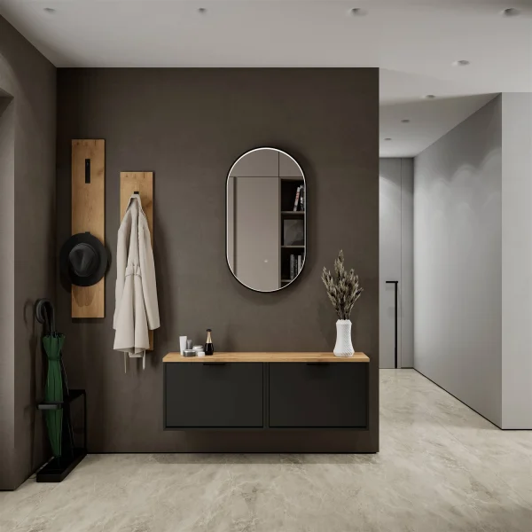 Armario para zapatos STIVIO, 2 puertas abatibles, negro, 60 cm, espejo LED ovalado con marco (3 intensidades de luz)