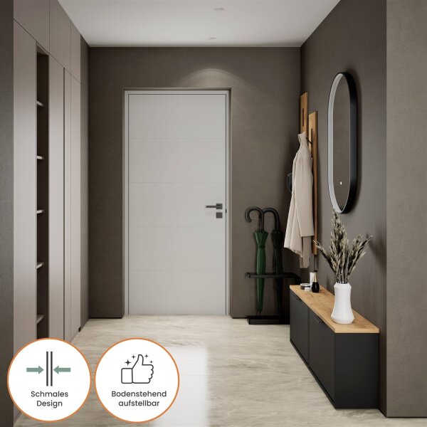 Schuhschrank STIVIO 2x 1 Klappe Schwarz 60 cm, LED Spiegel oval mit Rahmen (3 Lichtstufen)