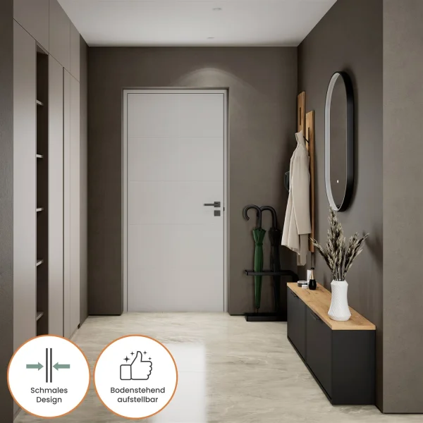 Armario para zapatos STIVIO, 2 puertas abatibles, negro, 60 cm, espejo LED ovalado con marco (3 intensidades de luz)
