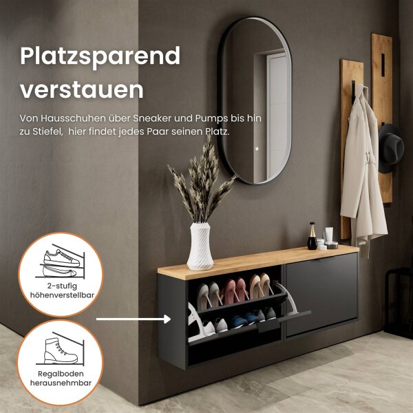 Schuhschrank STIVIO 2x 1 Klappe Schwarz 60 cm, LED Spiegel oval mit Rahmen (3 Lichtstufen)