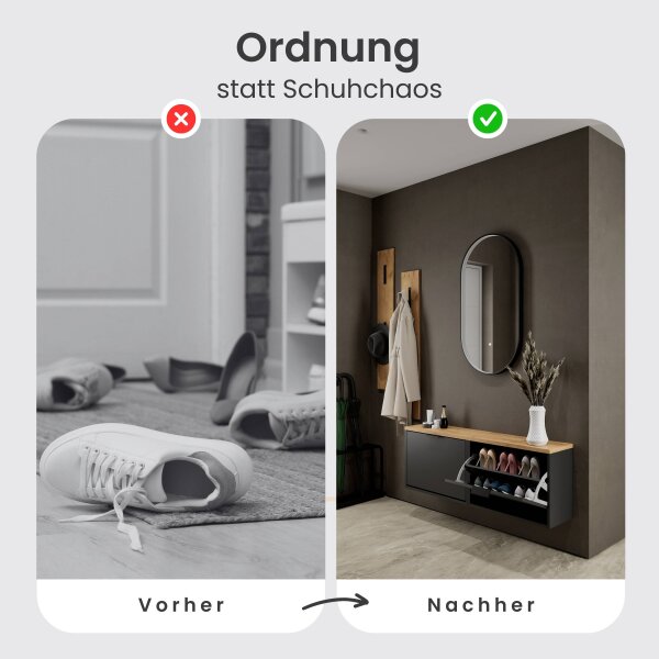 Schuhschrank STIVIO 2x 1 Klappe Schwarz 60 cm, LED Spiegel oval mit Rahmen (3 Lichtstufen)