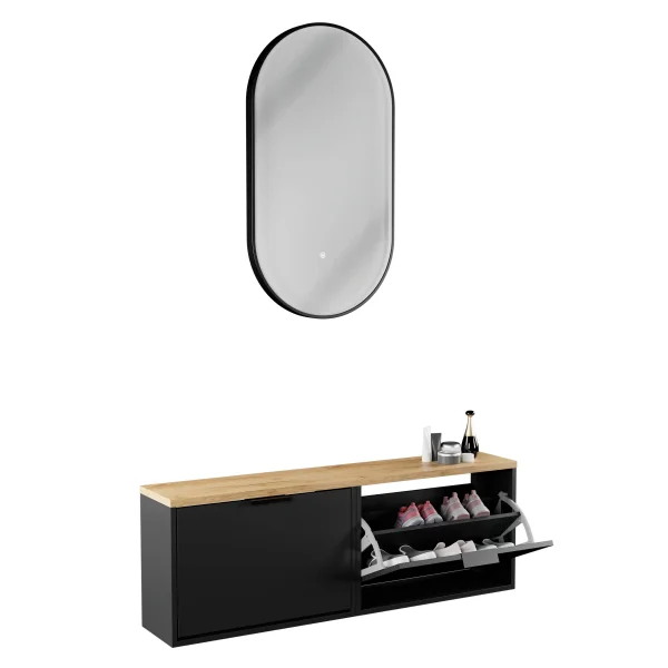 Armario para zapatos STIVIO, 2 puertas abatibles, negro, 60 cm, espejo LED ovalado con marco (3 intensidades de luz)
