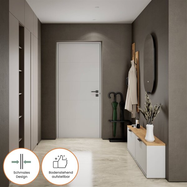 Schuhrank STIVIO 2x 1 Klappe Weiß Grau60 cm, LED Spiegel oval ohne Rahmen (2 Lichtstufen)
