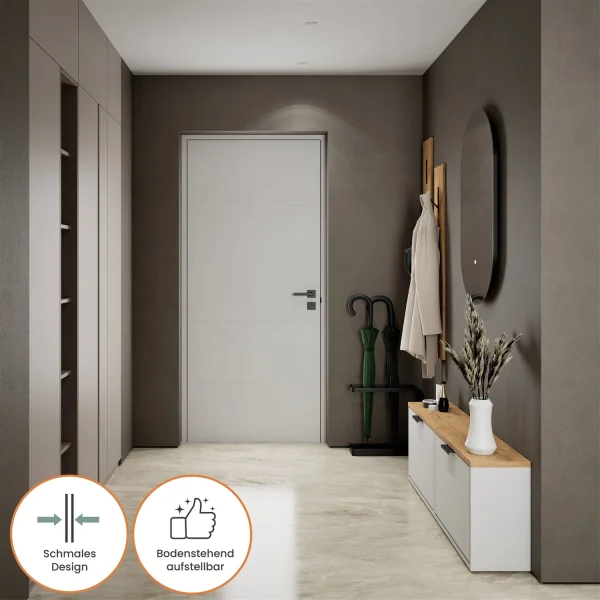 Armario para zapatos STIVIO, 2 puertas abatibles, blanco y gris, 60 cm; espejo LED ovalado sin marco (2 intensidades de luz)