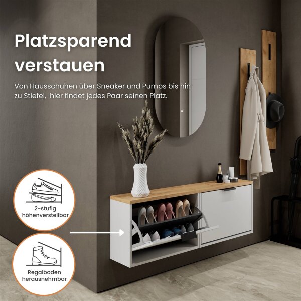 Schuhschrank STIVIO 2x 1 Klappe Weiß Grau60 cm, LED Spiegel oval ohne Rahmen (2 Lichtstufen)