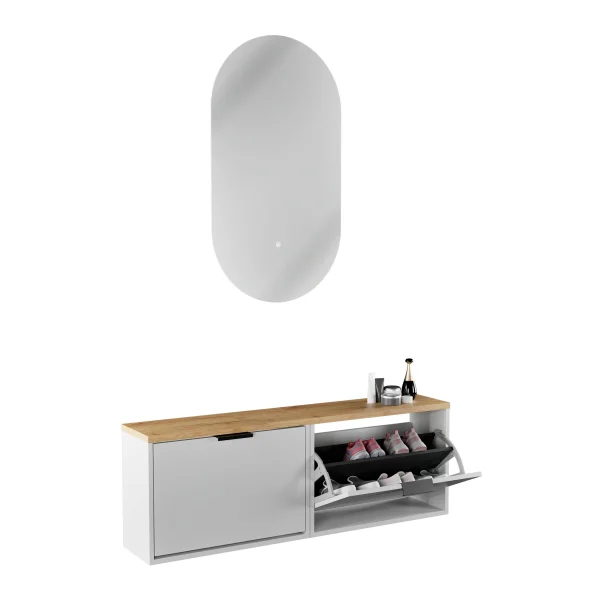 Armario para zapatos STIVIO, 2 puertas abatibles, blanco y gris, 60 cm; espejo LED ovalado sin marco (2 intensidades de luz)