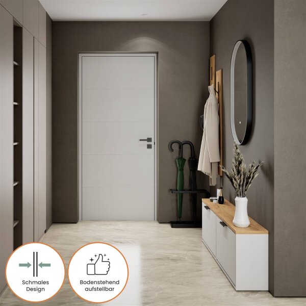 Schuhrank STIVIO 2x 1 Klappe Weiß Grau 60 cm, LED Spiegel oval mit Rahmen (3 Lichtstufen)
