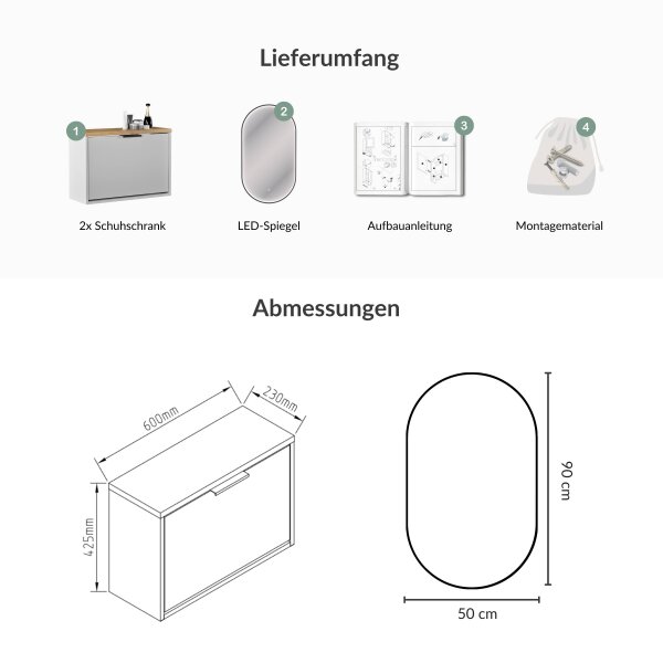 Schuhrank STIVIO 2x 1 Klappe Weiß Grau 60 cm, LED Spiegel oval mit Rahmen (3 Lichtstufen)