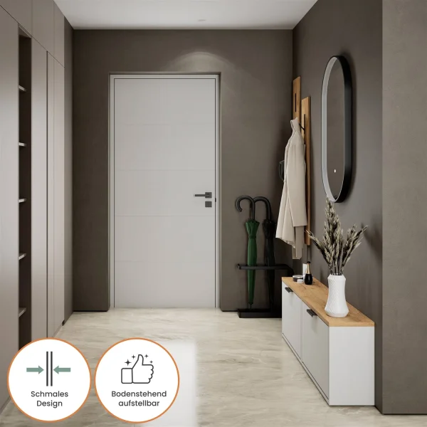 Meuble à chaussures STIVIO 2x 1 porte battante blanc-gris 60 cm, miroir ovale à LED avec cadre (3 intensités déclairage)