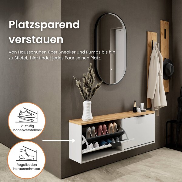 Schuhschrank STIVIO 2x 1 Klappe Weiß Grau 60 cm, LED Spiegel oval mit Rahmen (3 Lichtstufen)