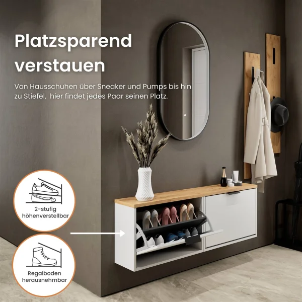 Meuble à chaussures STIVIO 2x 1 porte battante blanc-gris 60 cm, miroir ovale à LED avec cadre (3 intensités déclairage)