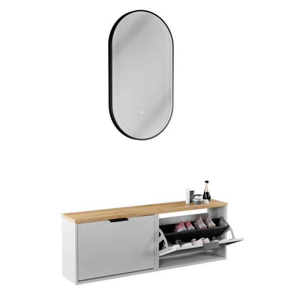 Schuhschrank STIVIO 2x 1 Klappe Weiß Grau 60 cm, LED Spiegel oval mit Rahmen (3 Lichtstufen)