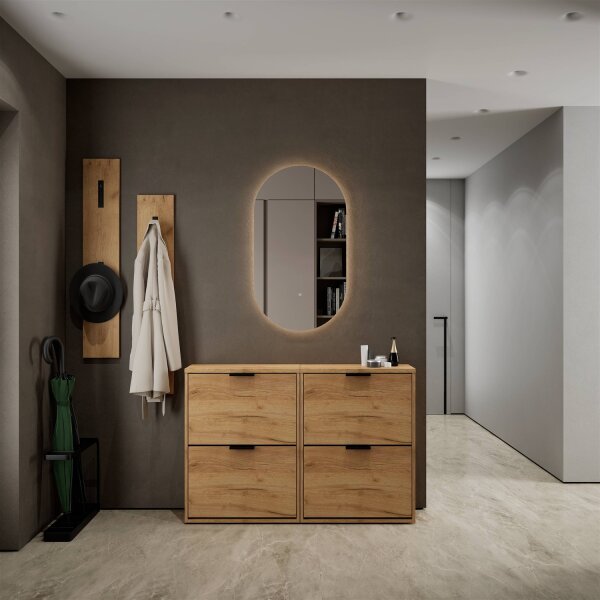 Schuhrank STIVIO 2x 2 Klappe Gold Eiche 60 cm, LED Spiegel oval ohne Rahmen (2 Lichtstufen)