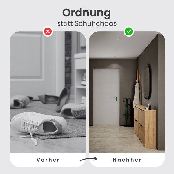 Schuhschrank STIVIO 2x 2 Klappe Gold Eiche 60 cm, LED Spiegel oval ohne Rahmen (2 Lichtstufen)