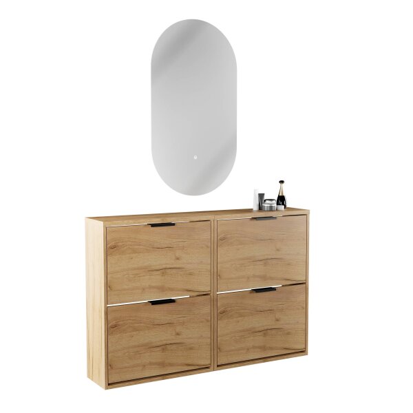 Schuhschrank STIVIO 2x 2 Klappe Gold Eiche 60 cm, LED Spiegel oval ohne Rahmen (2 Lichtstufen)