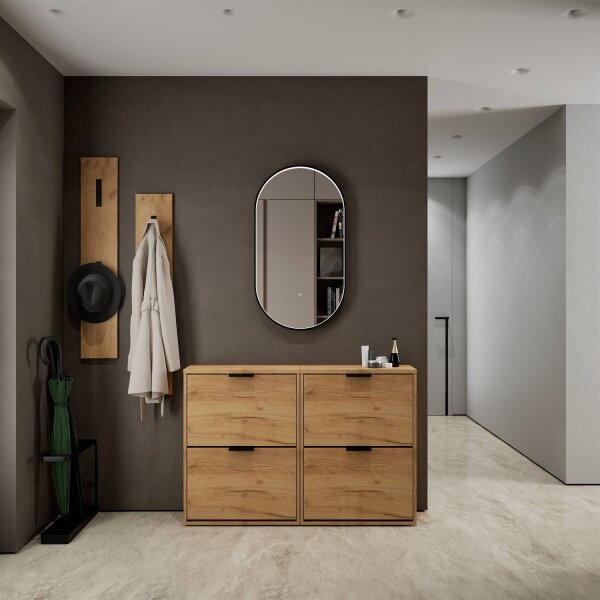 Schuhschrank STIVIO 2x 2 Klappen Gold Eiche 60 cm, LED Spiegel oval mit Rahmen (3 Lichtstufen)