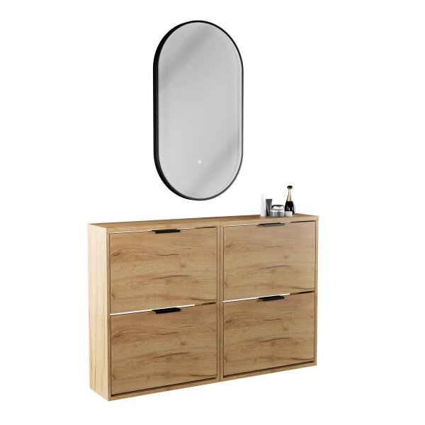 Schuhschrank STIVIO 2x 2 Klappen Gold Eiche 60 cm, LED Spiegel oval mit Rahmen (3 Lichtstufen)