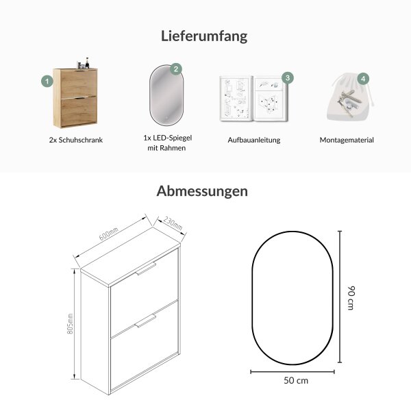 Schuhschrank STIVIO 2x 2 Klappen Gold Eiche 60 cm, LED Spiegel oval mit Rahmen (3 Lichtstufen)