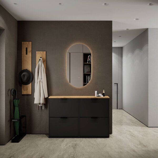 Schuhrank STIVIO 2x 2 Klappe Schwarz 60 cm, LED Spiegel oval ohne Rahmen (2 Lichtstufen)