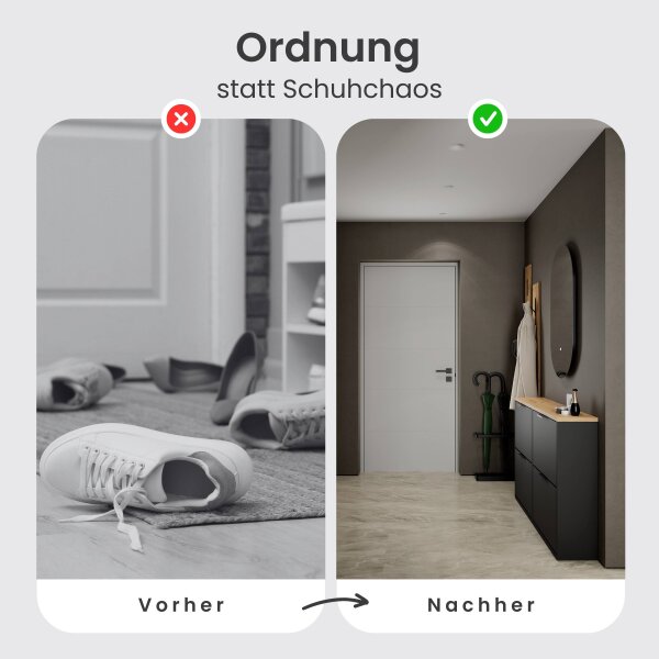 Schuhschrank STIVIO 2x 2 Klappe Schwarz 60 cm, LED Spiegel oval ohne Rahmen (2 Lichtstufen)