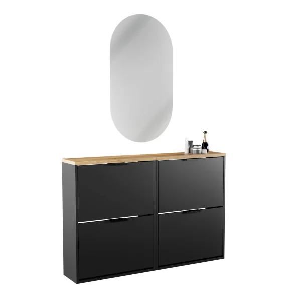 Meuble à chaussures STIVIO 2x 2 portes battantes noir 60 cm, miroir ovale LED sans cadre (2 intensités déclairage)