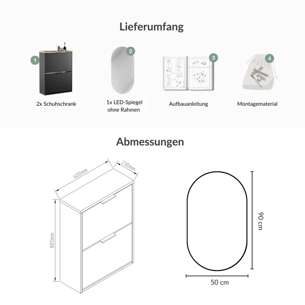 Meuble à chaussures STIVIO 2x 2 portes battantes noir 60 cm, miroir ovale LED sans cadre (2 intensités déclairage)