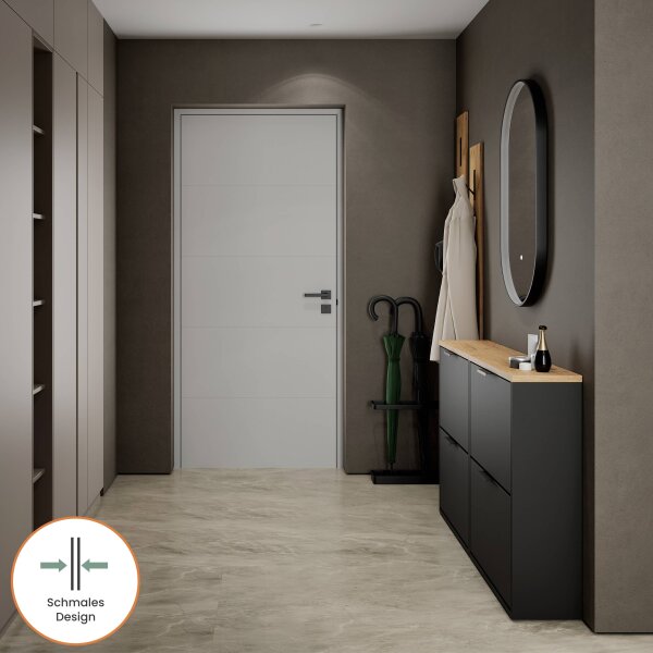 Schuhrank STIVIO 2x 2 Klappen Schwarz 60 cm, LED Spiegel oval mit Rahmen (3 Lichtstufen)