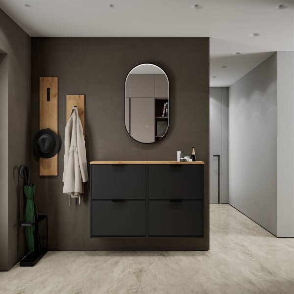 Schuhschrank STIVIO 2x 2 Klappen Schwarz 60 cm, LED Spiegel oval mit Rahmen (3 Lichtstufen)