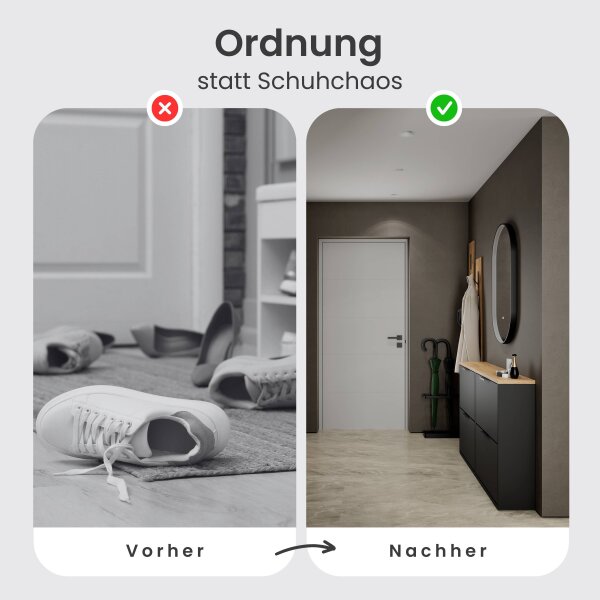 Schuhschrank STIVIO 2x 2 Klappen Schwarz 60 cm, LED Spiegel oval mit Rahmen (3 Lichtstufen)