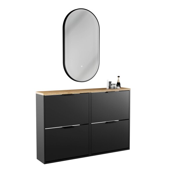 Schuhschrank STIVIO 2x 2 Klappen Schwarz 60 cm, LED Spiegel oval mit Rahmen (3 Lichtstufen)