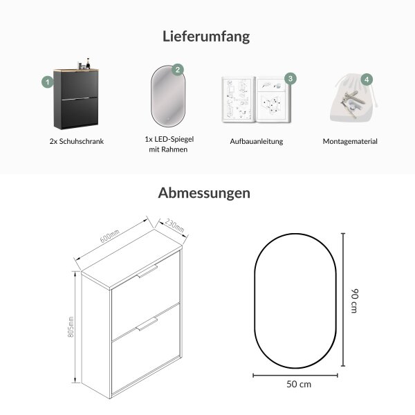Schuhschrank STIVIO 2x 2 Klappen Schwarz 60 cm, LED Spiegel oval mit Rahmen (3 Lichtstufen)