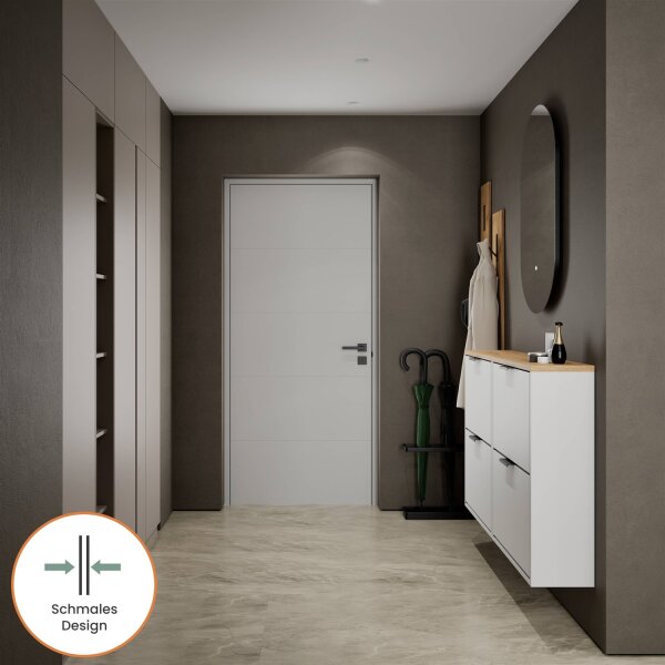 Schuhrank STIVIO 2x 2 Klappe Weiß Grau 60 cm, LED Spiegel oval ohne Rahmen (2 Lichtstufen)