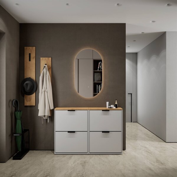 Schuhschrank STIVIO 2x 2 Klappe Weiß Grau 60 cm, LED Spiegel oval ohne Rahmen (2 Lichtstufen)