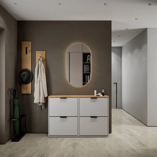 Armario para zapatos STIVIO, 2 puertas abatibles, blanco y gris, 60 cm, espejo LED ovalado sin marco (2 intensidades de luz)