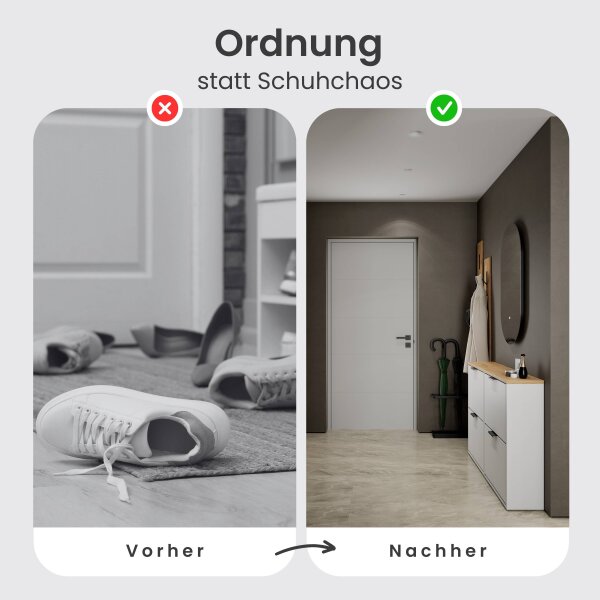 Schuhschrank STIVIO 2x 2 Klappe Weiß Grau 60 cm, LED Spiegel oval ohne Rahmen (2 Lichtstufen)