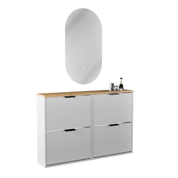 Schuhschrank STIVIO 2x 2 Klappe Weiß Grau 60 cm, LED Spiegel oval ohne Rahmen (2 Lichtstufen)