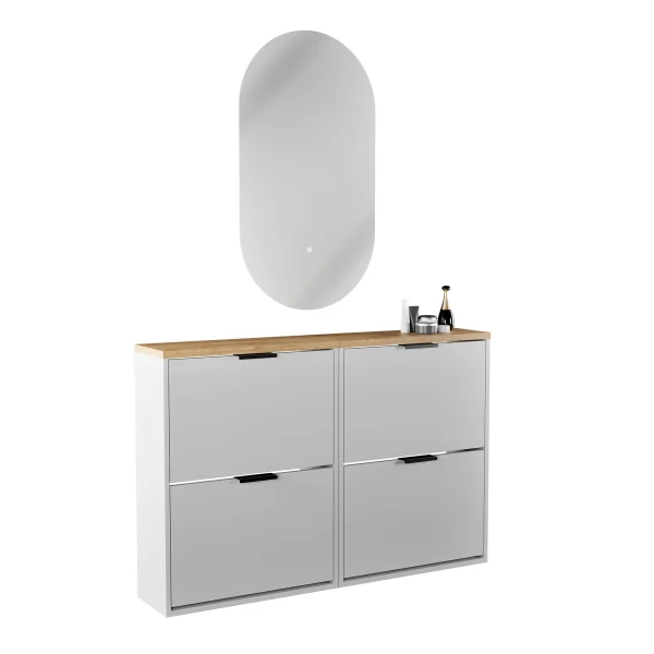 Armario para zapatos STIVIO, 2 puertas abatibles, blanco y gris, 60 cm, espejo LED ovalado sin marco (2 intensidades de luz)