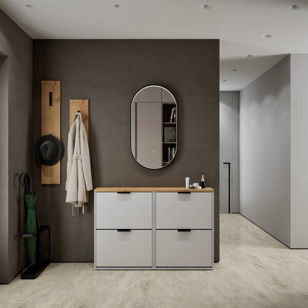 Schuhschrank STIVIO 2x 2 Klappen Weiß Grau 60 cm, LED Spiegel oval mit Rahmen (3 Lichtstufen)