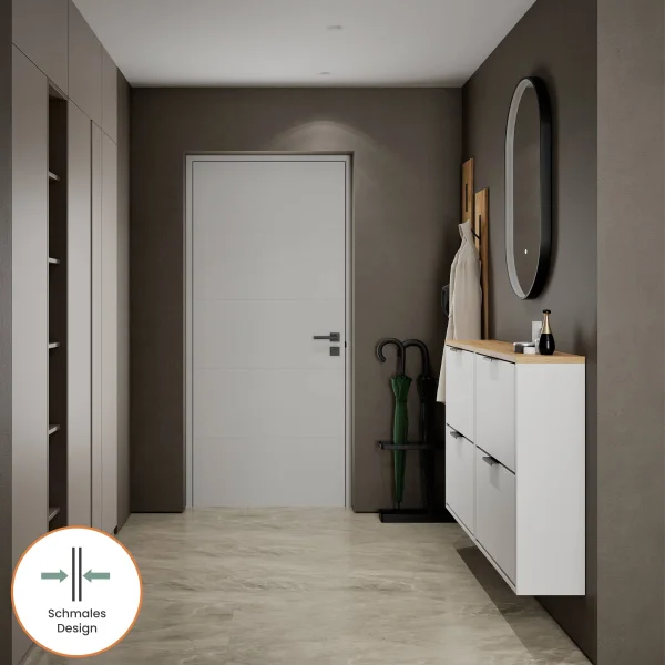 Armario para zapatos STIVIO, 2 puertas abatibles, blanco y gris, 60 cm, espejo LED ovalado con marco (3 intensidades de luz)