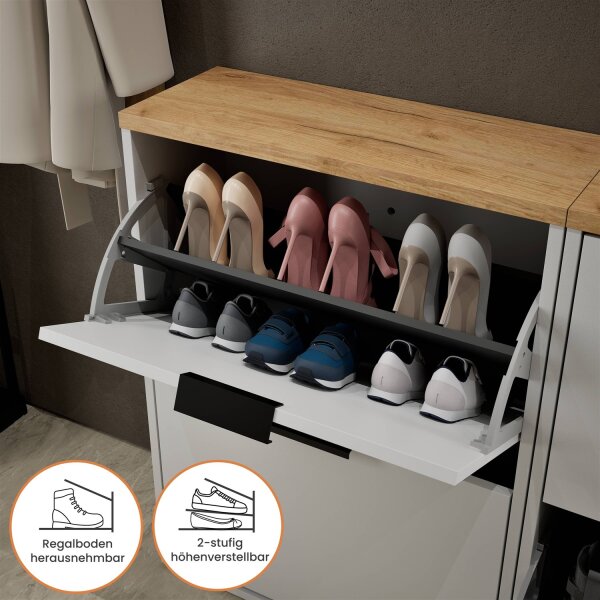 Schuhschrank STIVIO 2x 2 Klappen Weiß Grau 60 cm, LED Spiegel oval mit Rahmen (3 Lichtstufen)