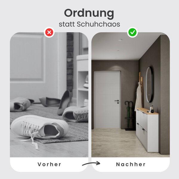 Schuhschrank STIVIO 2x 2 Klappen Weiß Grau 60 cm, LED Spiegel oval mit Rahmen (3 Lichtstufen)