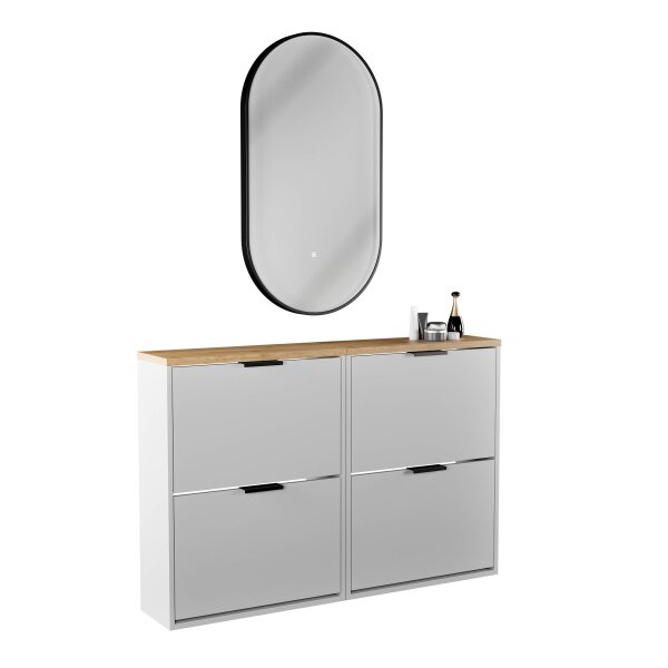 Schuhschrank STIVIO 2x 2 Klappen Weiß Grau 60 cm, LED Spiegel oval mit Rahmen (3 Lichtstufen)