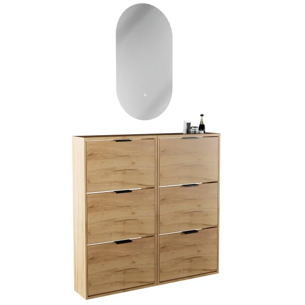 Armario para zapatos STIVIO, 2 x 3 puertas abatibles, roble dorado, 60 cm, espejo LED ovalado sin marco (2 intensidades de luz)